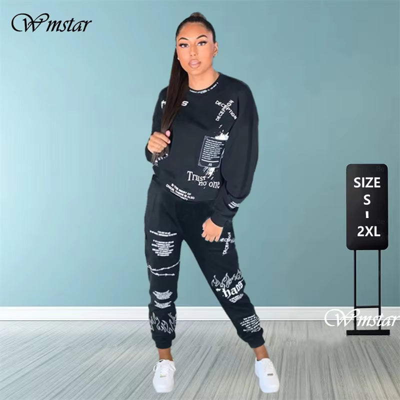 New 2 Piece Sets Womens Outfits Fall Winter Sweatsuit Letter Graffiti Print Crop Top Sweatpants Tracksuit Wholesale Dropshpping