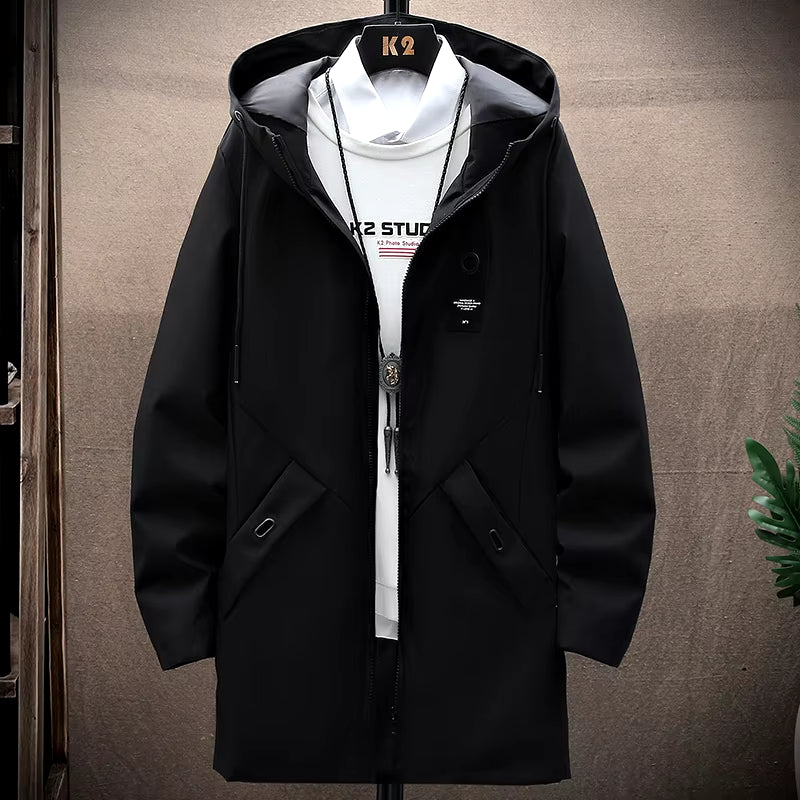 2023 Mens Jackets and Coats Casual Long Coats Black Fashion Autumn Hooded Windbreaker Outwear