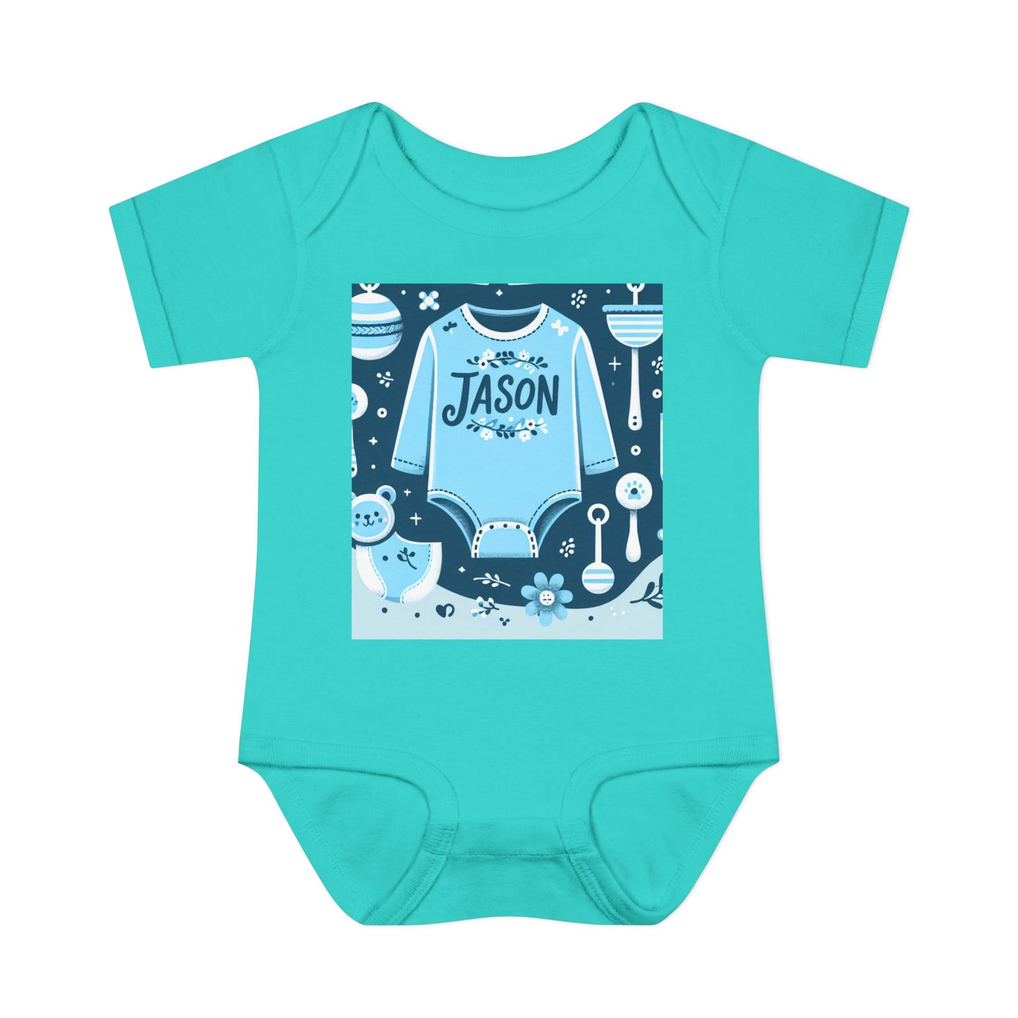 Personalized Blue Floral Infant Bodysuit - Custom Name "JASON"