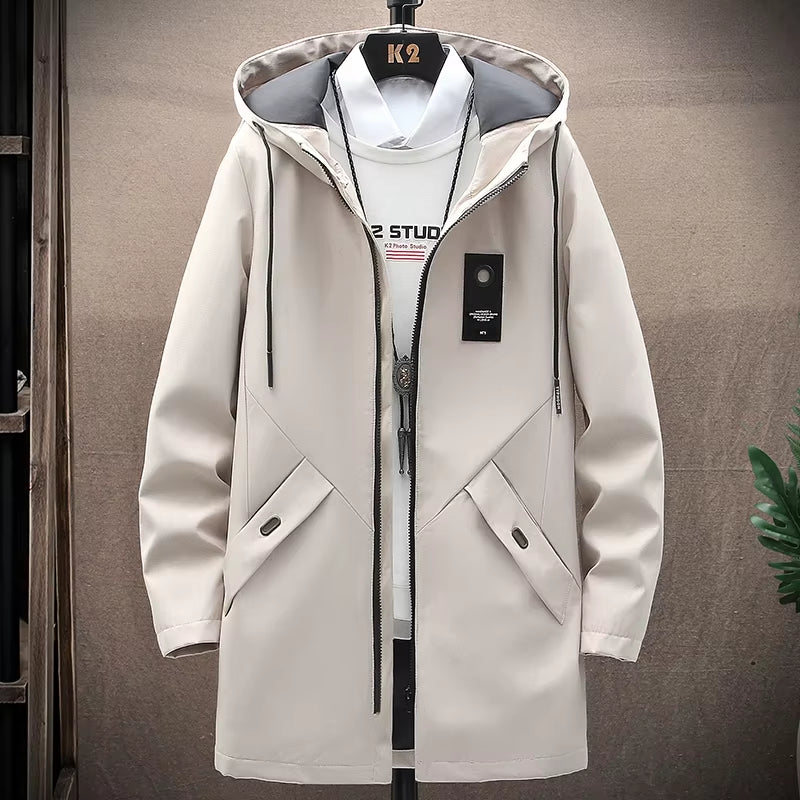 2023 Mens Jackets and Coats Casual Long Coats Black Fashion Autumn Hooded Windbreaker Outwear