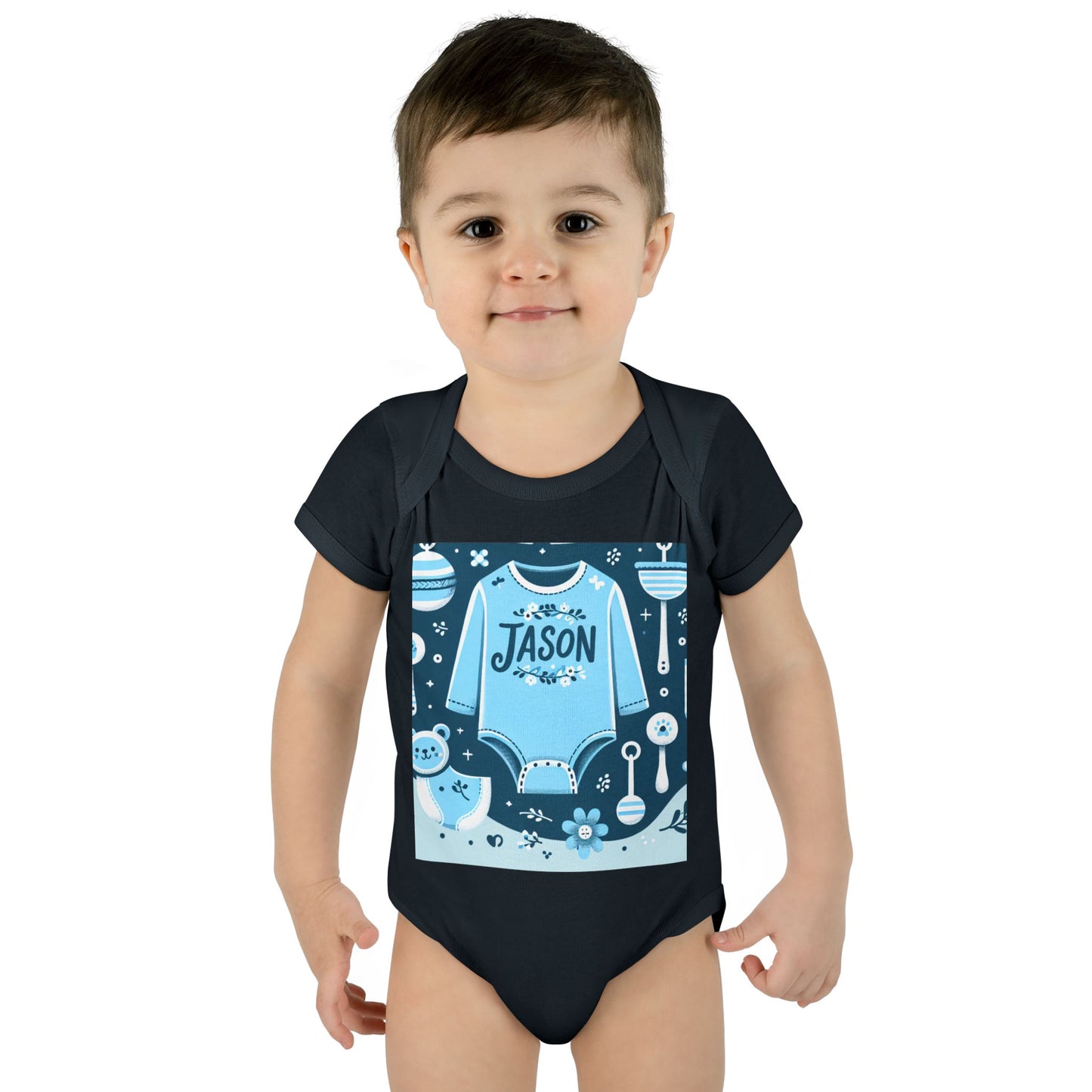 Personalized Blue Floral Infant Bodysuit - Custom Name "JASON"