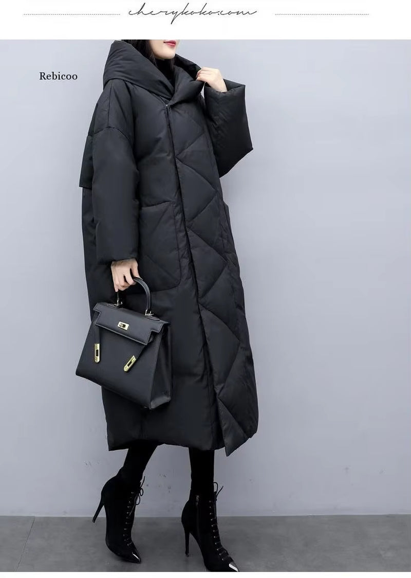 Winter Oversize Warm Duck down Coat Female X-Long down Warm Jacket Hooded Cocoon Style Thick Warm Parkas