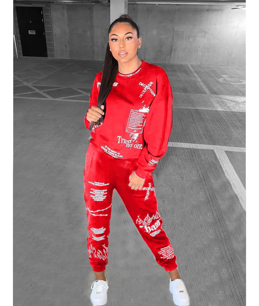 New 2 Piece Sets Womens Outfits Fall Winter Sweatsuit Letter Graffiti Print Crop Top Sweatpants Tracksuit Wholesale Dropshpping