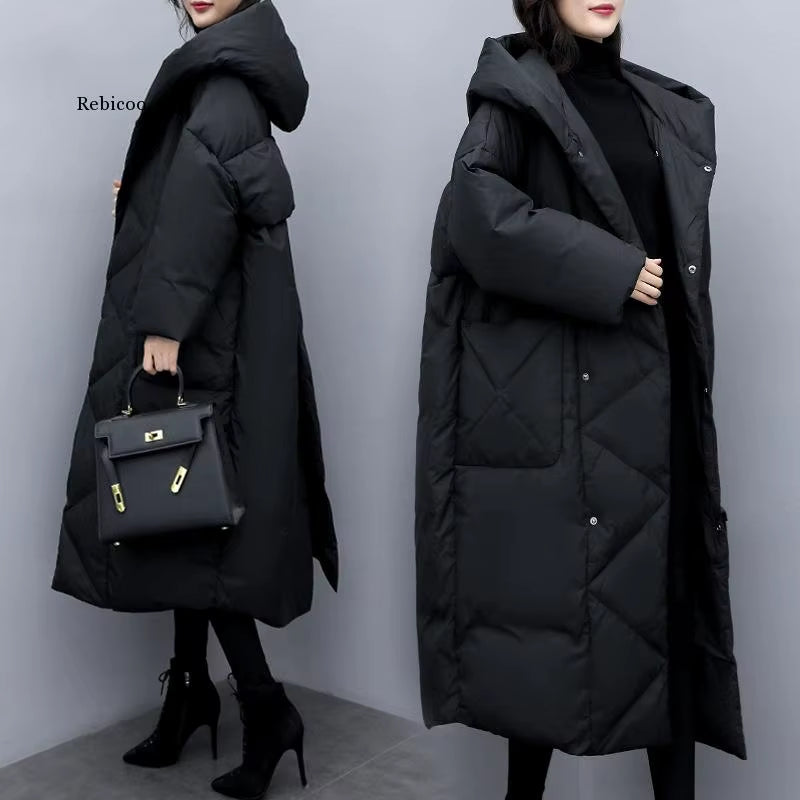 Winter Oversize Warm Duck down Coat Female X-Long down Warm Jacket Hooded Cocoon Style Thick Warm Parkas