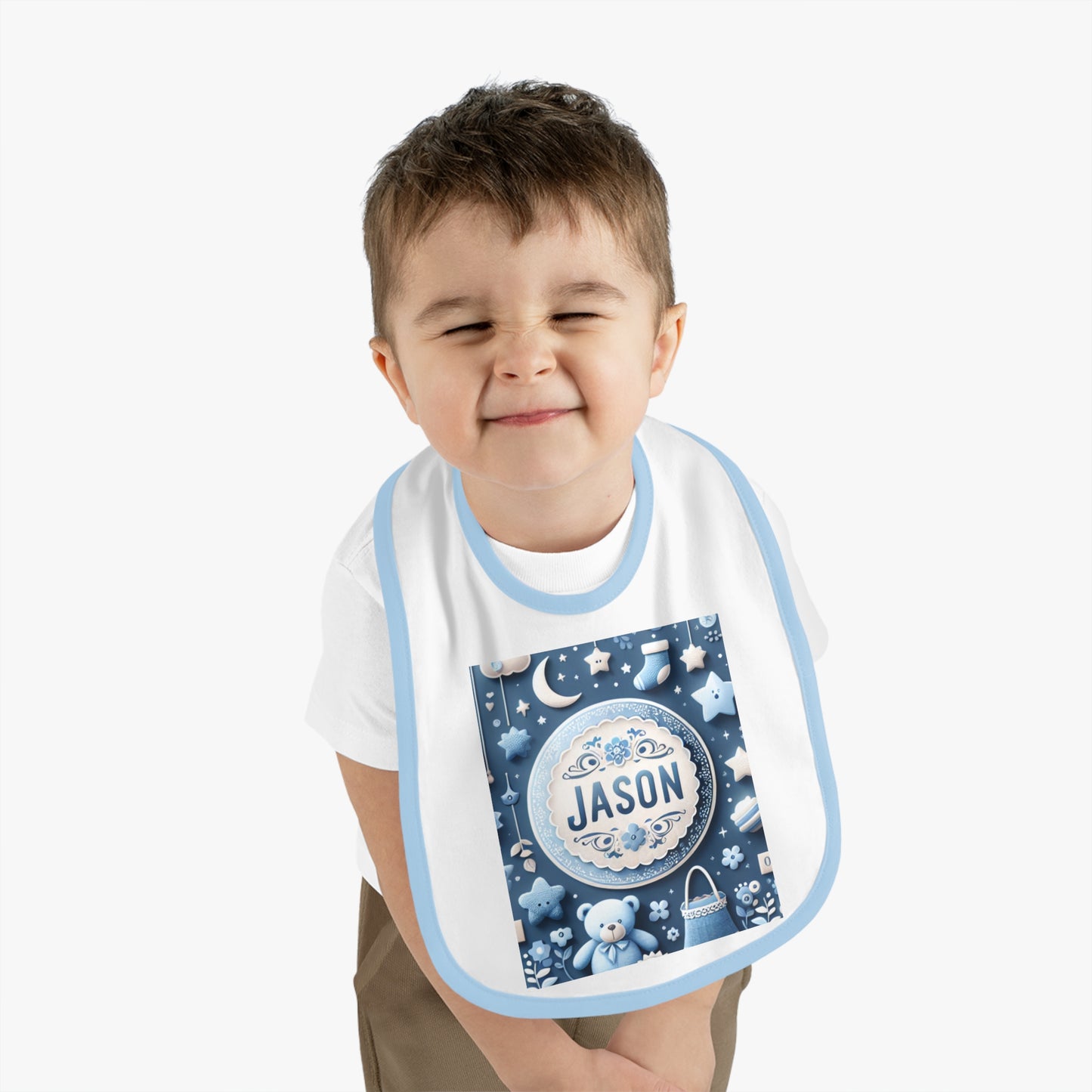 Personalized Baby Bib with Contrast Trim - Cute Teddy Bear Design for Boys