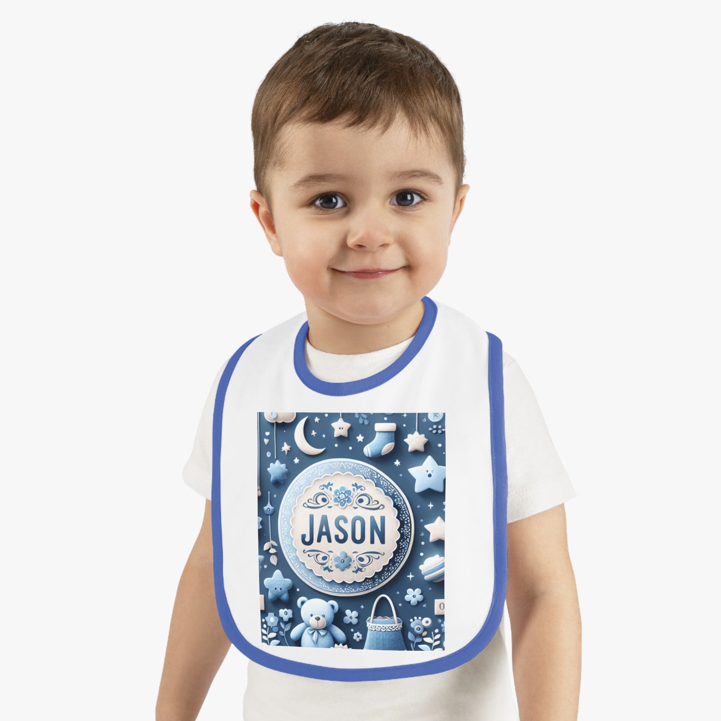 Personalized Baby Bib with Contrast Trim - Cute Teddy Bear Design for Boys