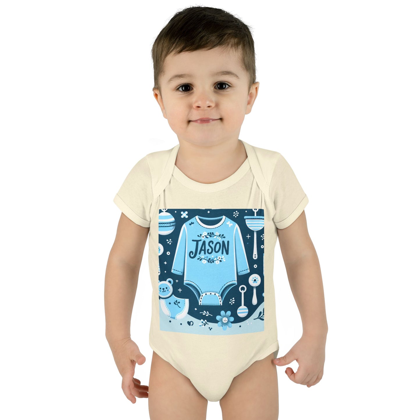 Personalized Blue Floral Infant Bodysuit - Custom Name "JASON"