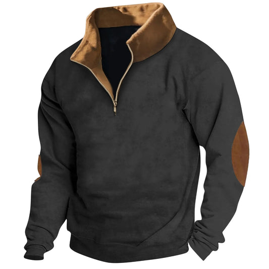 Golf V Neck Pullover Long Sleeve Half Zip Sports Tee Sweatershirt Lapel Collar Solid Color Athletic Lightweight Sweater for Men with Elbow Patches Lightweigh plus Size Shirts for Men Black Xl