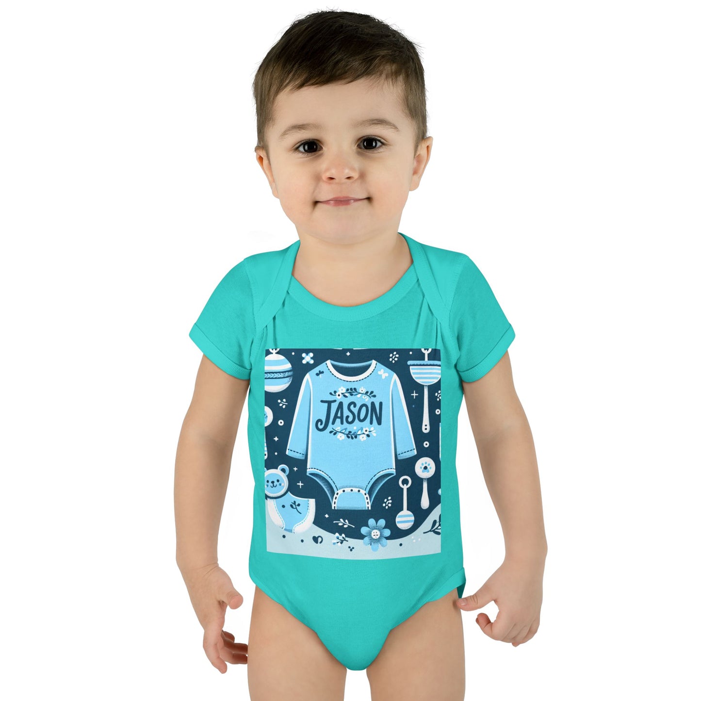 Personalized Blue Floral Infant Bodysuit - Custom Name "JASON"