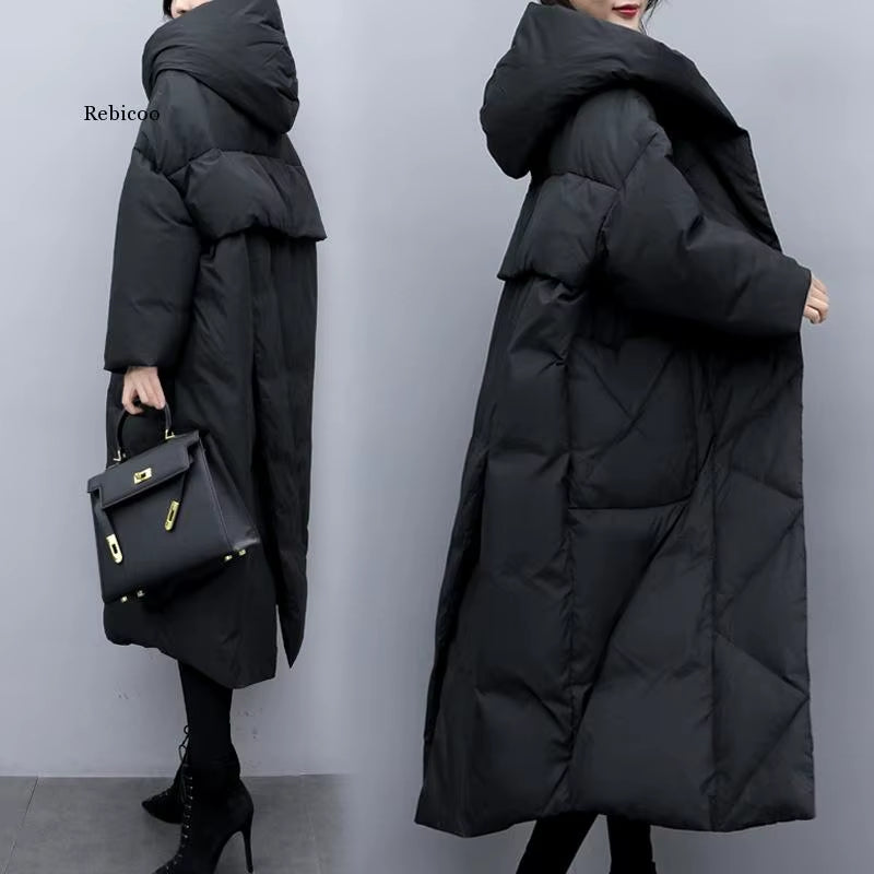 Winter Oversize Warm Duck down Coat Female X-Long down Warm Jacket Hooded Cocoon Style Thick Warm Parkas