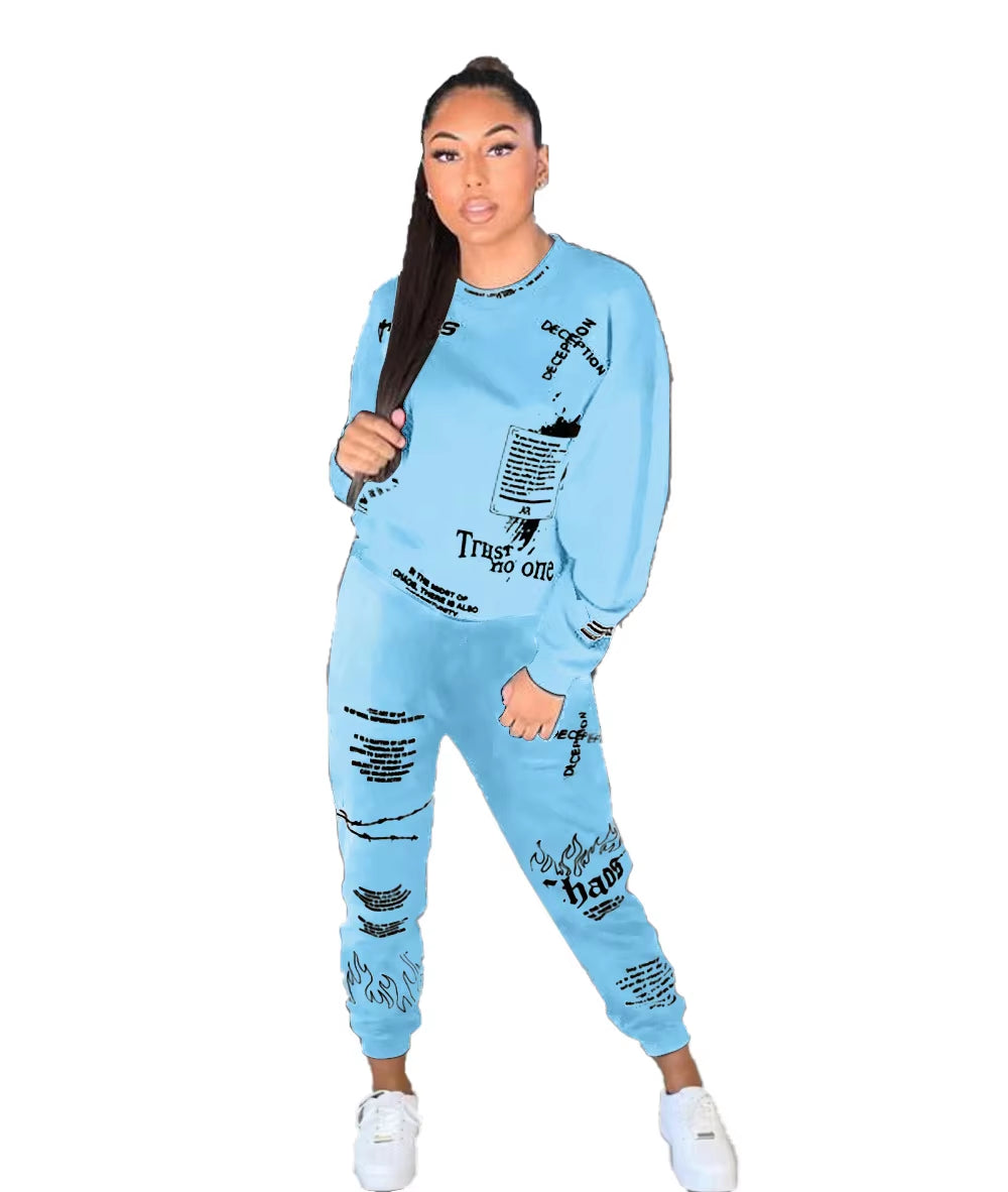 New 2 Piece Sets Womens Outfits Fall Winter Sweatsuit Letter Graffiti Print Crop Top Sweatpants Tracksuit Wholesale Dropshpping