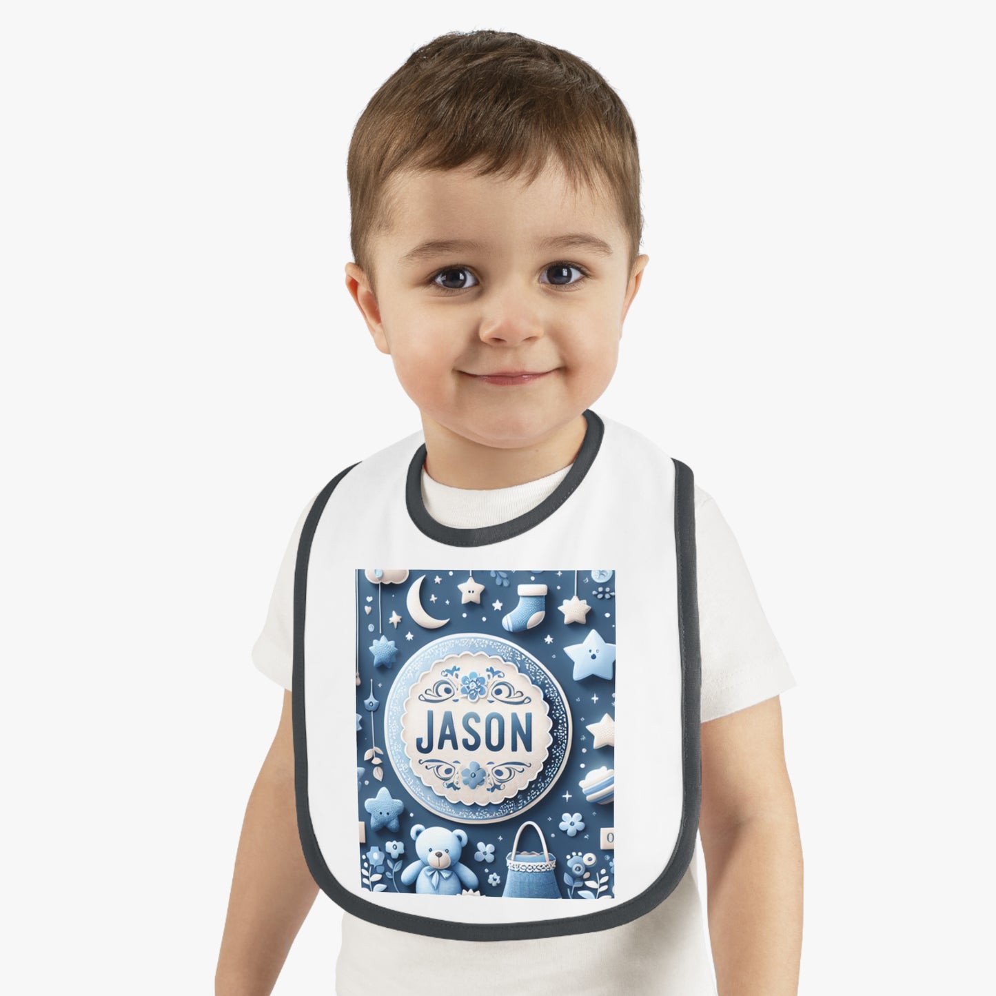 Personalized Baby Bib with Contrast Trim - Cute Teddy Bear Design for Boys