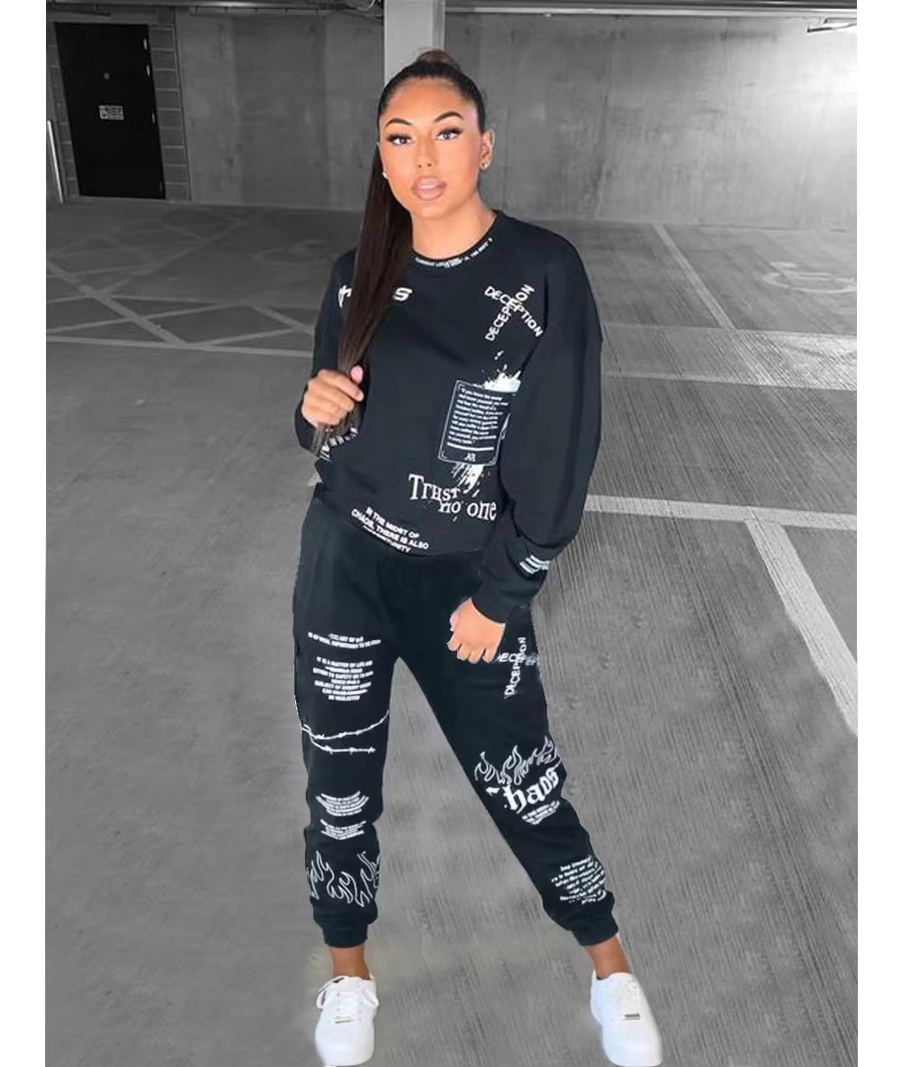 New 2 Piece Sets Womens Outfits Fall Winter Sweatsuit Letter Graffiti Print Crop Top Sweatpants Tracksuit Wholesale Dropshpping