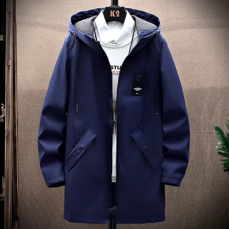 2023 Mens Jackets and Coats Casual Long Coats Black Fashion Autumn Hooded Windbreaker Outwear