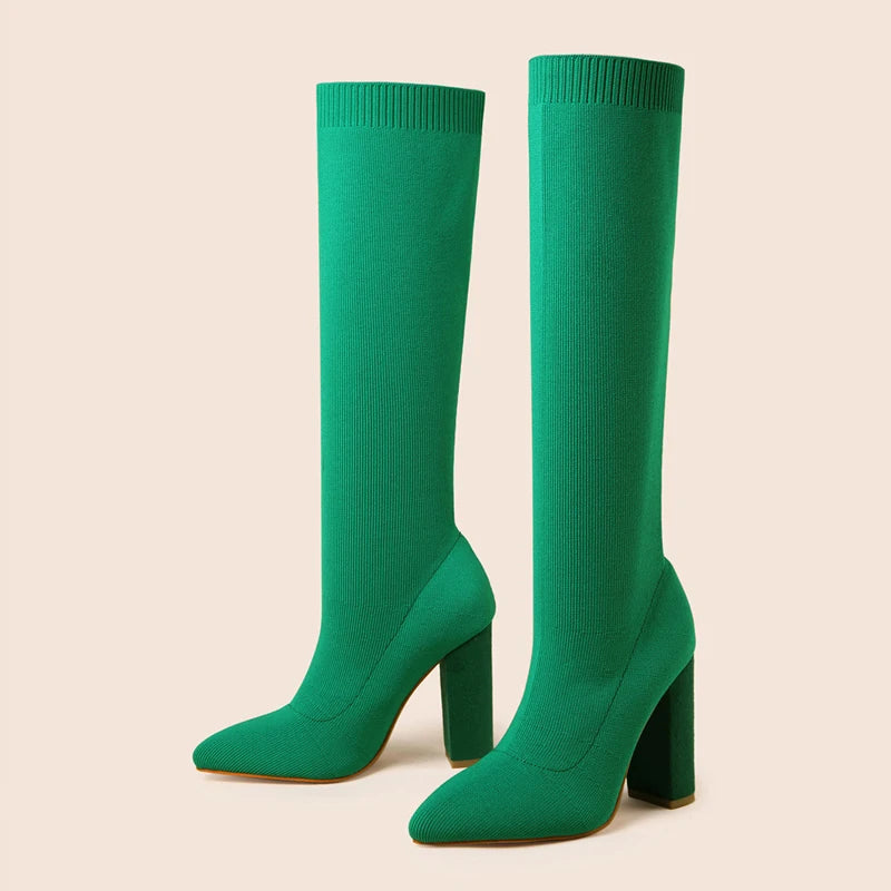 Green Women Cozy Knitting Stretch Fabric Knee High Boots Fashion Square Heels Autumn Winter Sock Long Shoes Booties Female