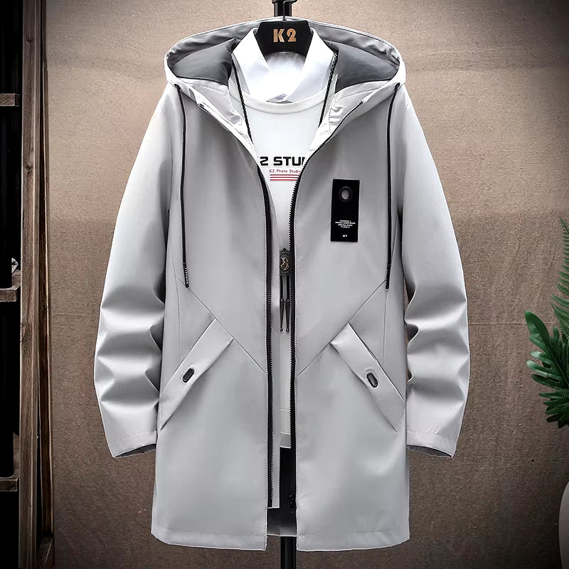 2023 Mens Jackets and Coats Casual Long Coats Black Fashion Autumn Hooded Windbreaker Outwear