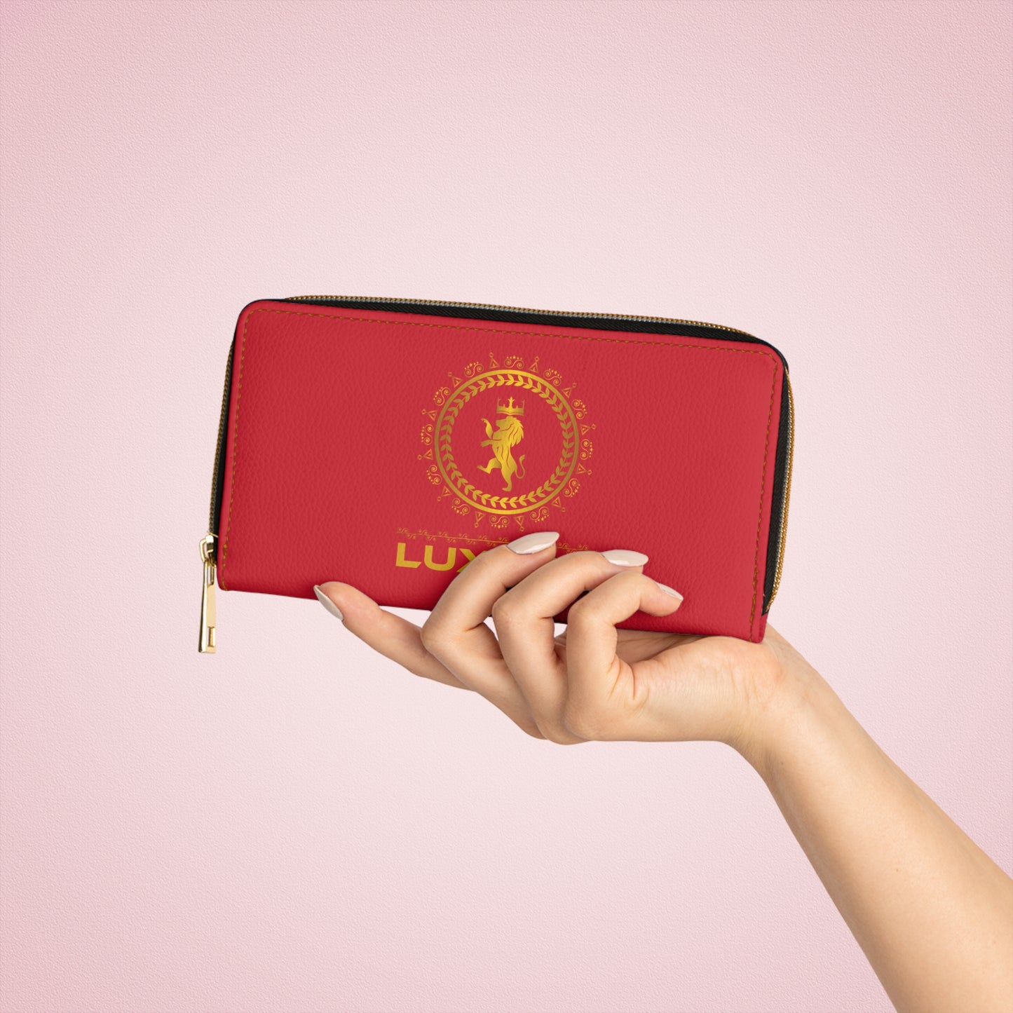 Luxury Red Zipper Wallet with Gold Accents