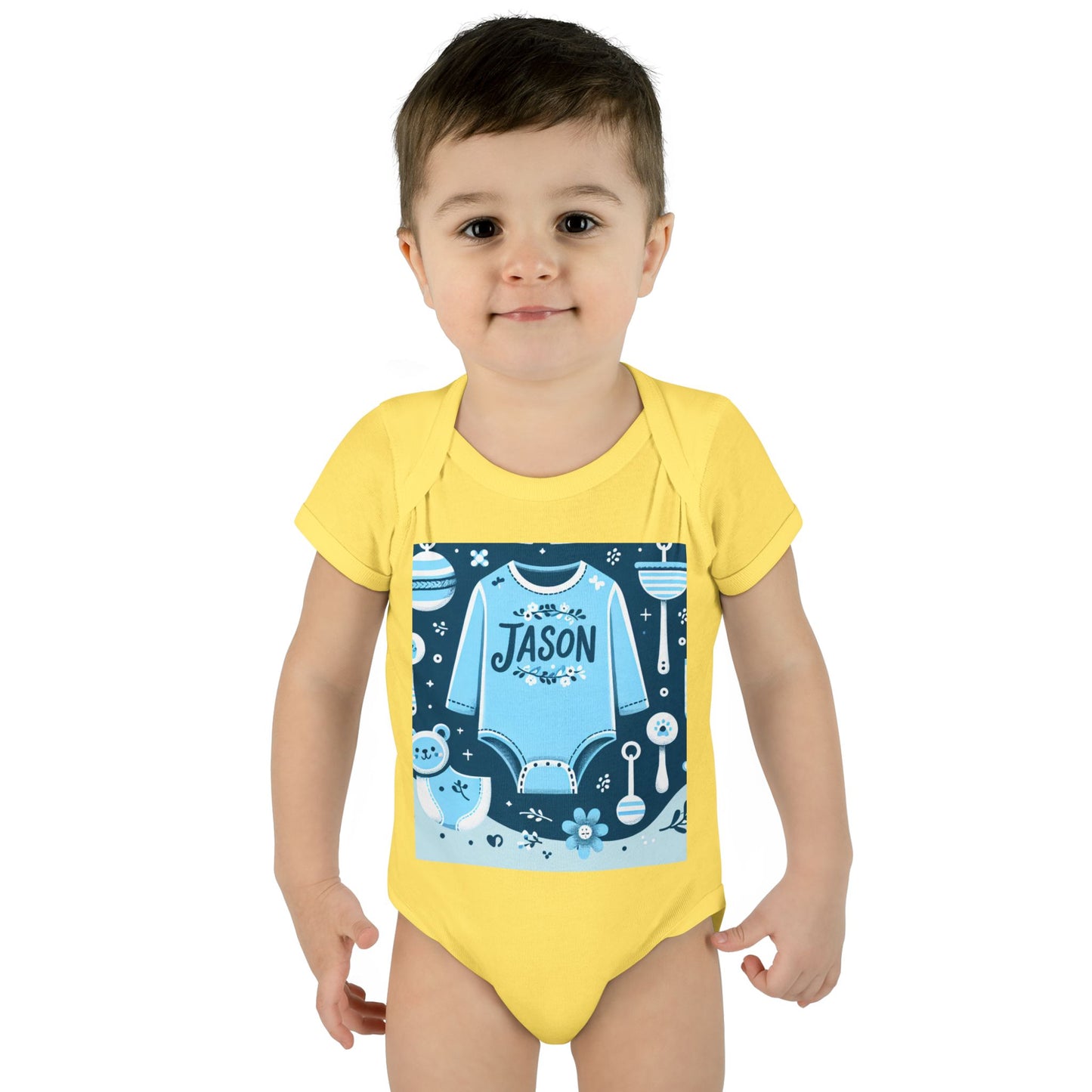 Personalized Blue Floral Infant Bodysuit - Custom Name "JASON"