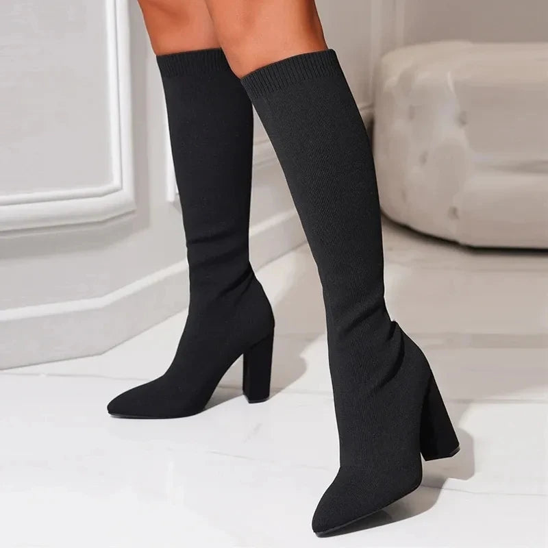 Green Women Cozy Knitting Stretch Fabric Knee High Boots Fashion Square Heels Autumn Winter Sock Long Shoes Booties Female