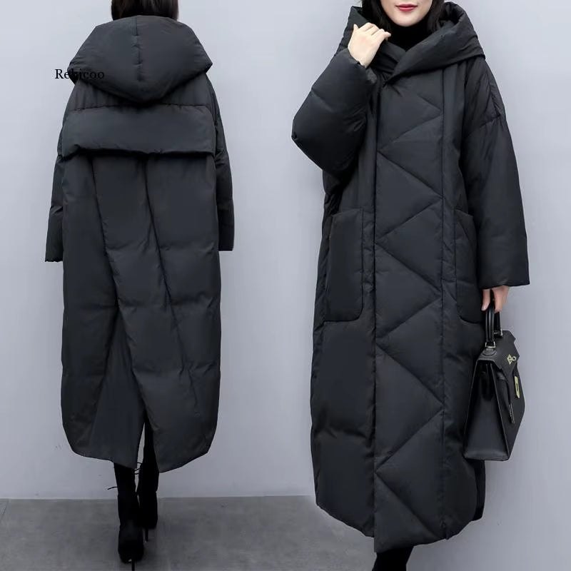 Winter Oversize Warm Duck down Coat Female X-Long down Warm Jacket Hooded Cocoon Style Thick Warm Parkas