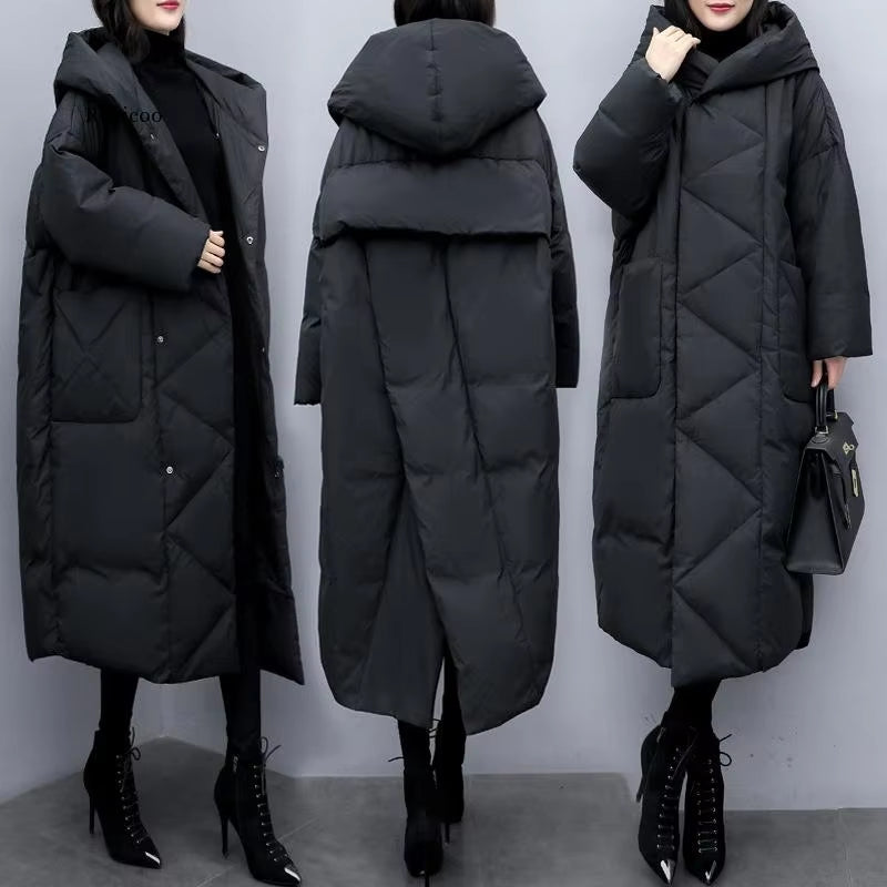 Winter Oversize Warm Duck down Coat Female X-Long down Warm Jacket Hooded Cocoon Style Thick Warm Parkas