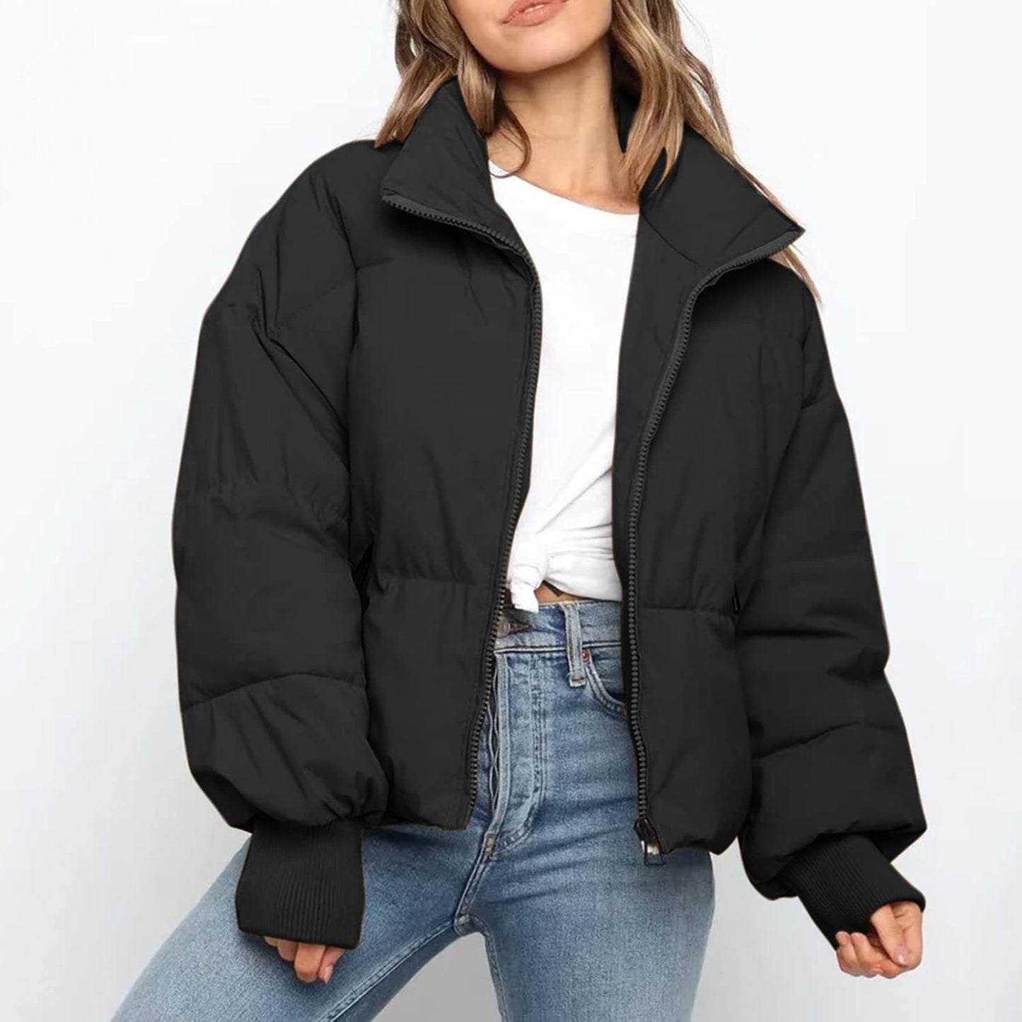 Short Puffer Jacket for Women Teen Girls Winter Fashion Quilted down Coats Zip up Oversized Outwear,Black(Womens Coats)