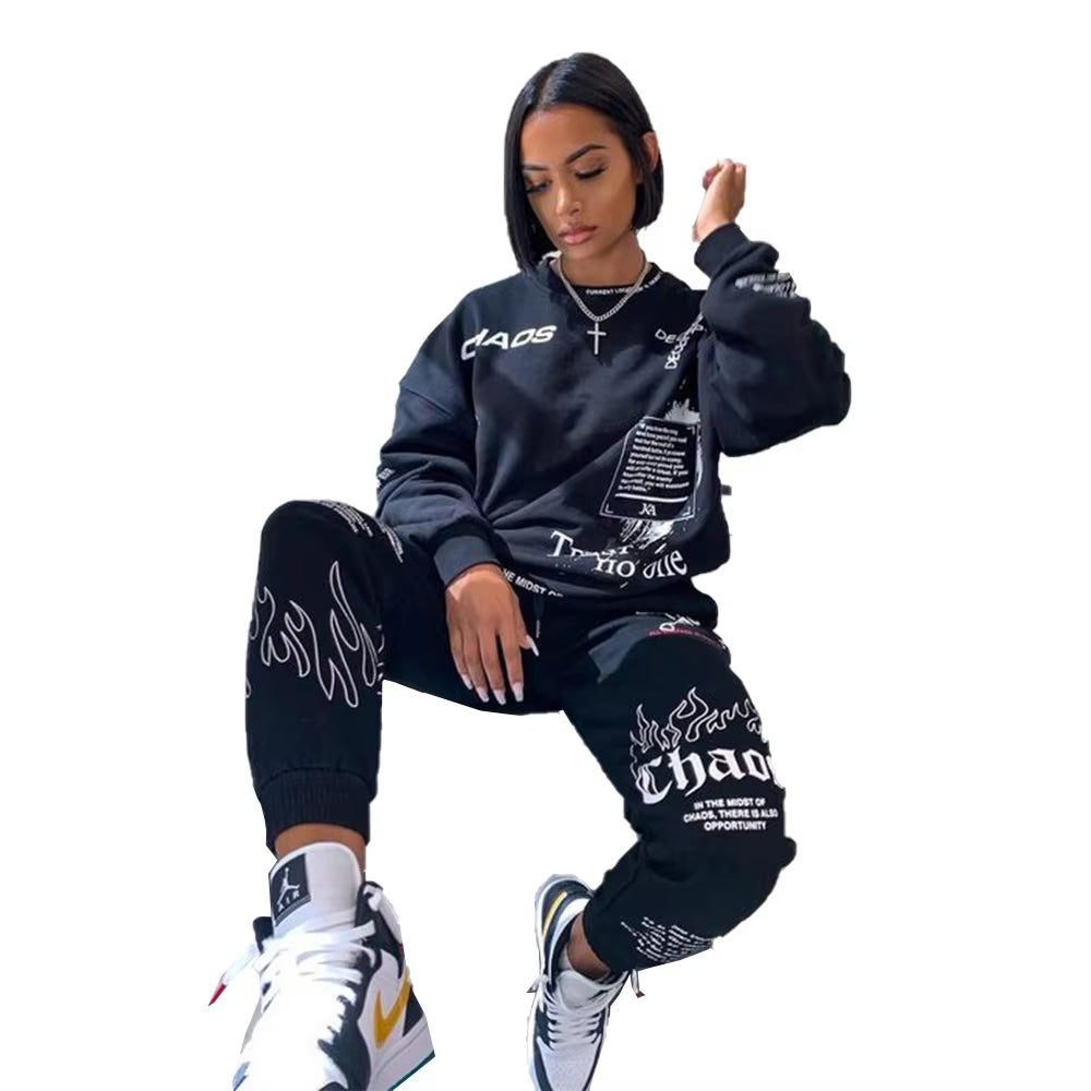 New 2 Piece Sets Womens Outfits Fall Winter Sweatsuit Letter Graffiti Print Crop Top Sweatpants Tracksuit Wholesale Dropshpping