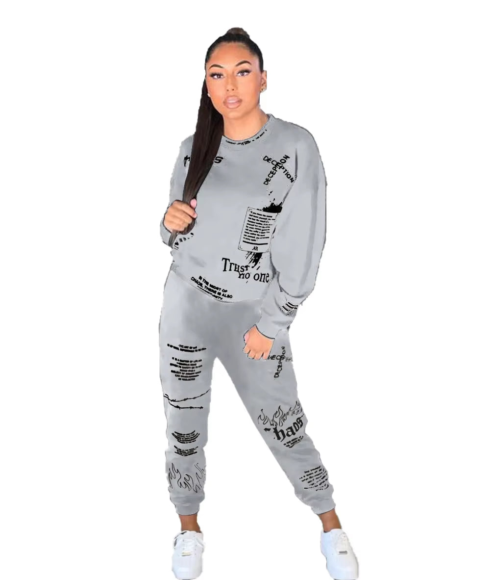 New 2 Piece Sets Womens Outfits Fall Winter Sweatsuit Letter Graffiti Print Crop Top Sweatpants Tracksuit Wholesale Dropshpping