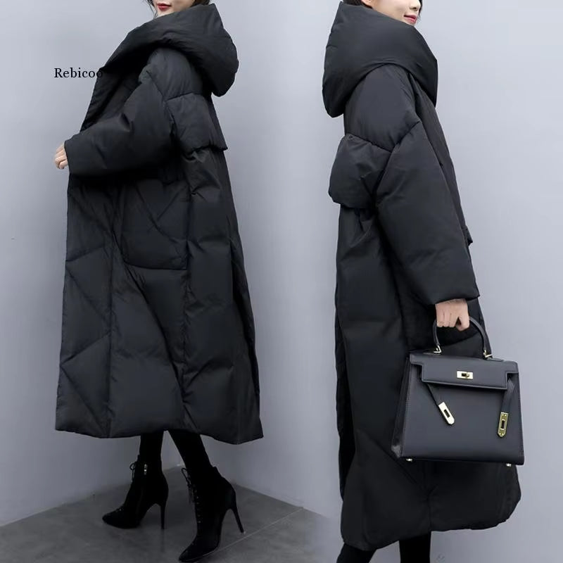 Winter Oversize Warm Duck down Coat Female X-Long down Warm Jacket Hooded Cocoon Style Thick Warm Parkas