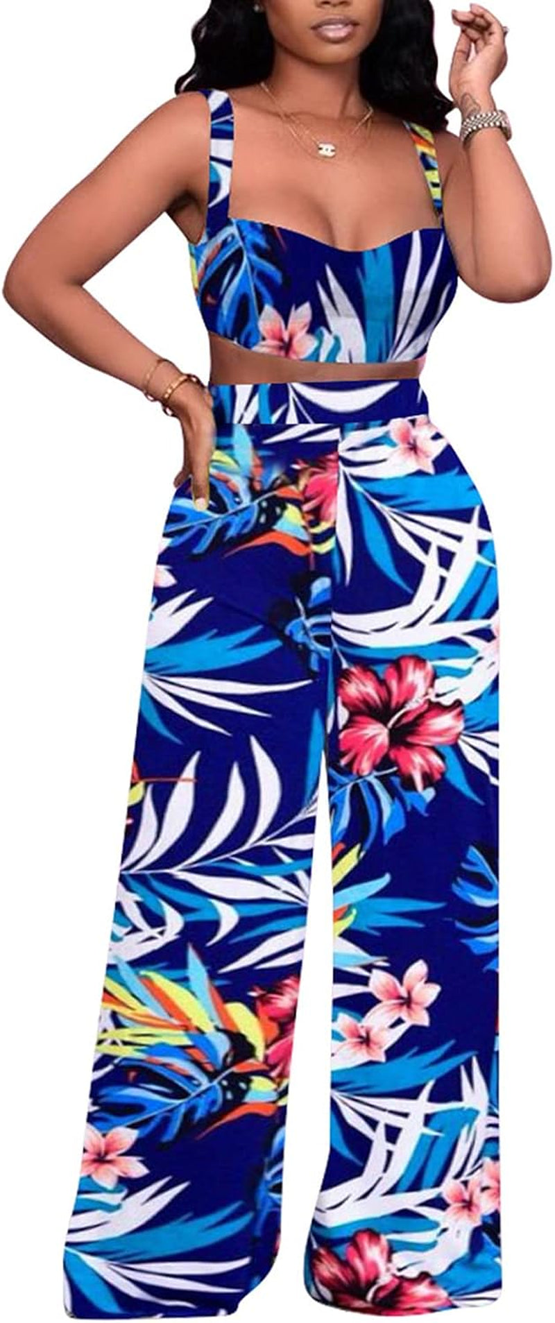 Floral Jumpsuit for Women - off Shoulder Crop Tops Long Straight Pants Jumpsuits Two Piece Outfits Blue Medium