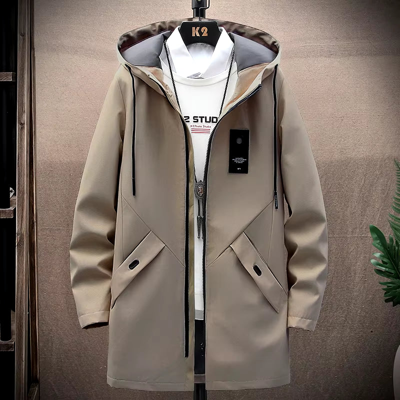 2023 Mens Jackets and Coats Casual Long Coats Black Fashion Autumn Hooded Windbreaker Outwear