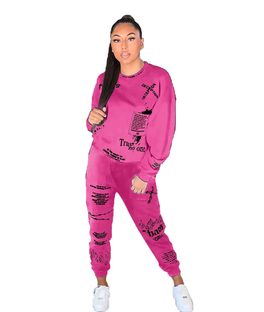 New 2 Piece Sets Womens Outfits Fall Winter Sweatsuit Letter Graffiti Print Crop Top Sweatpants Tracksuit Wholesale Dropshpping