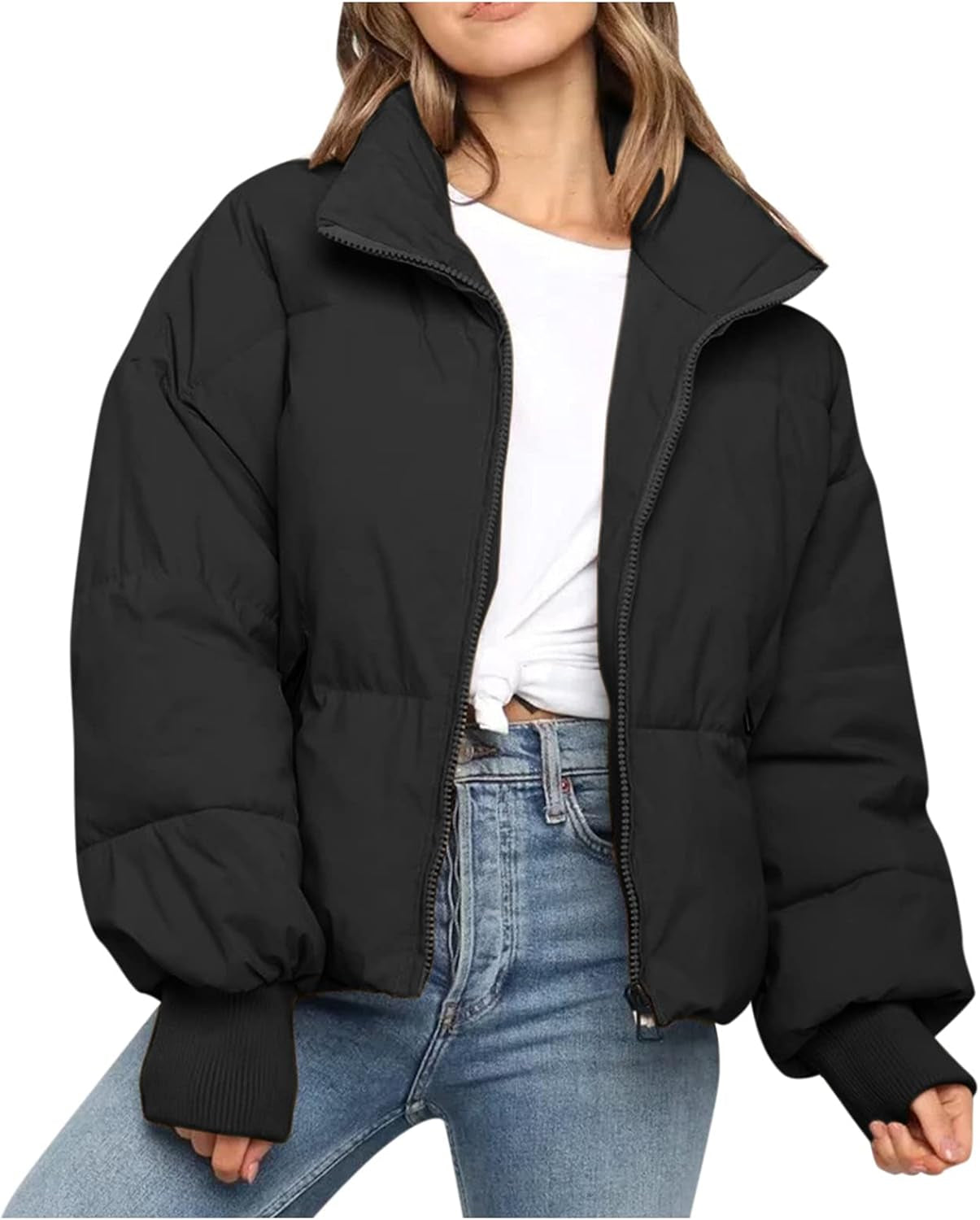 Short Puffer Jacket for Women Teen Girls Winter Fashion Quilted down Coats Zip up Oversized Outwear,Black(Womens Coats)