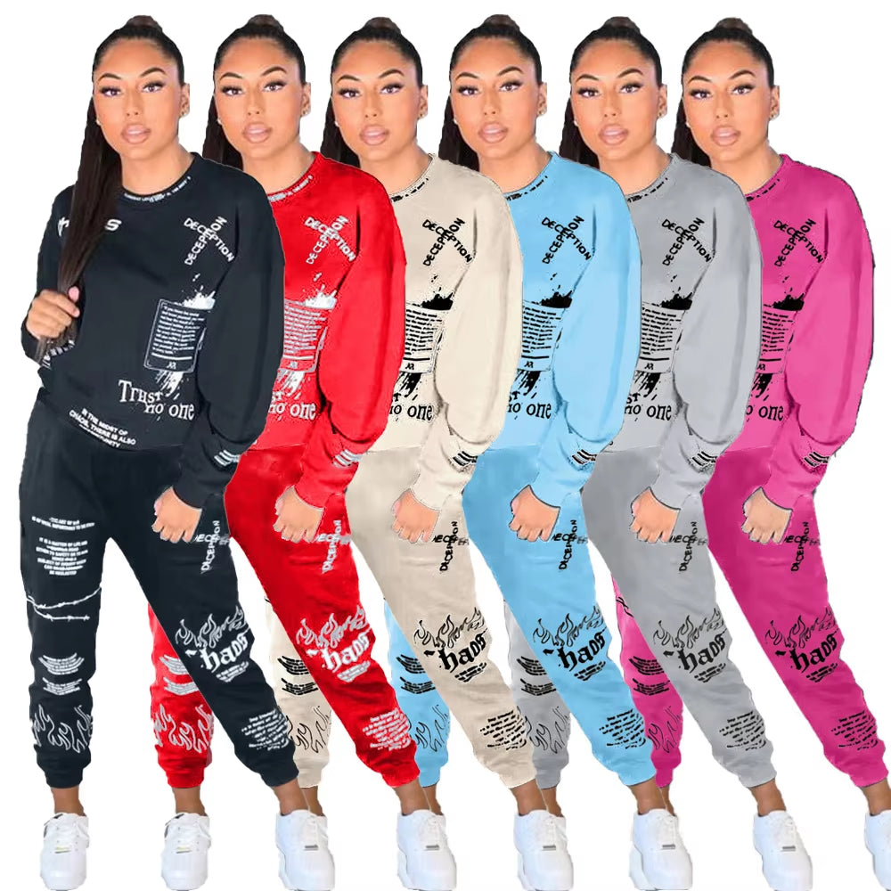 New 2 Piece Sets Womens Outfits Fall Winter Sweatsuit Letter Graffiti Print Crop Top Sweatpants Tracksuit Wholesale Dropshpping