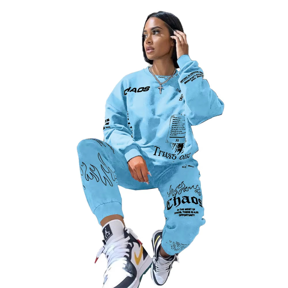 New 2 Piece Sets Womens Outfits Fall Winter Sweatsuit Letter Graffiti Print Crop Top Sweatpants Tracksuit Wholesale Dropshpping